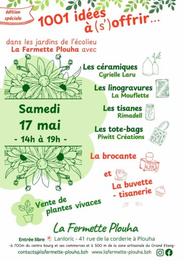 Affiche de l’événement : Samedi 17 mai après-midi, venez aux jardins pour faire des cadeaux grâce à la présence de stands de créatrices artisanes
